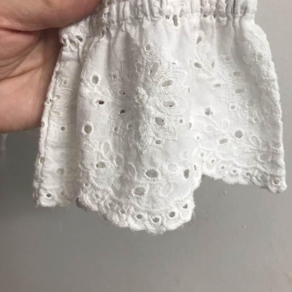 Eyelet Scalloped Sleeve Drawstring Waist Keyhole Back Popover Top Blouse S - Picture 6 of 10